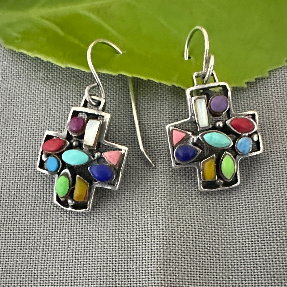Vintage Sterling silver 925 Colorful Cross Earrings made in Thailand